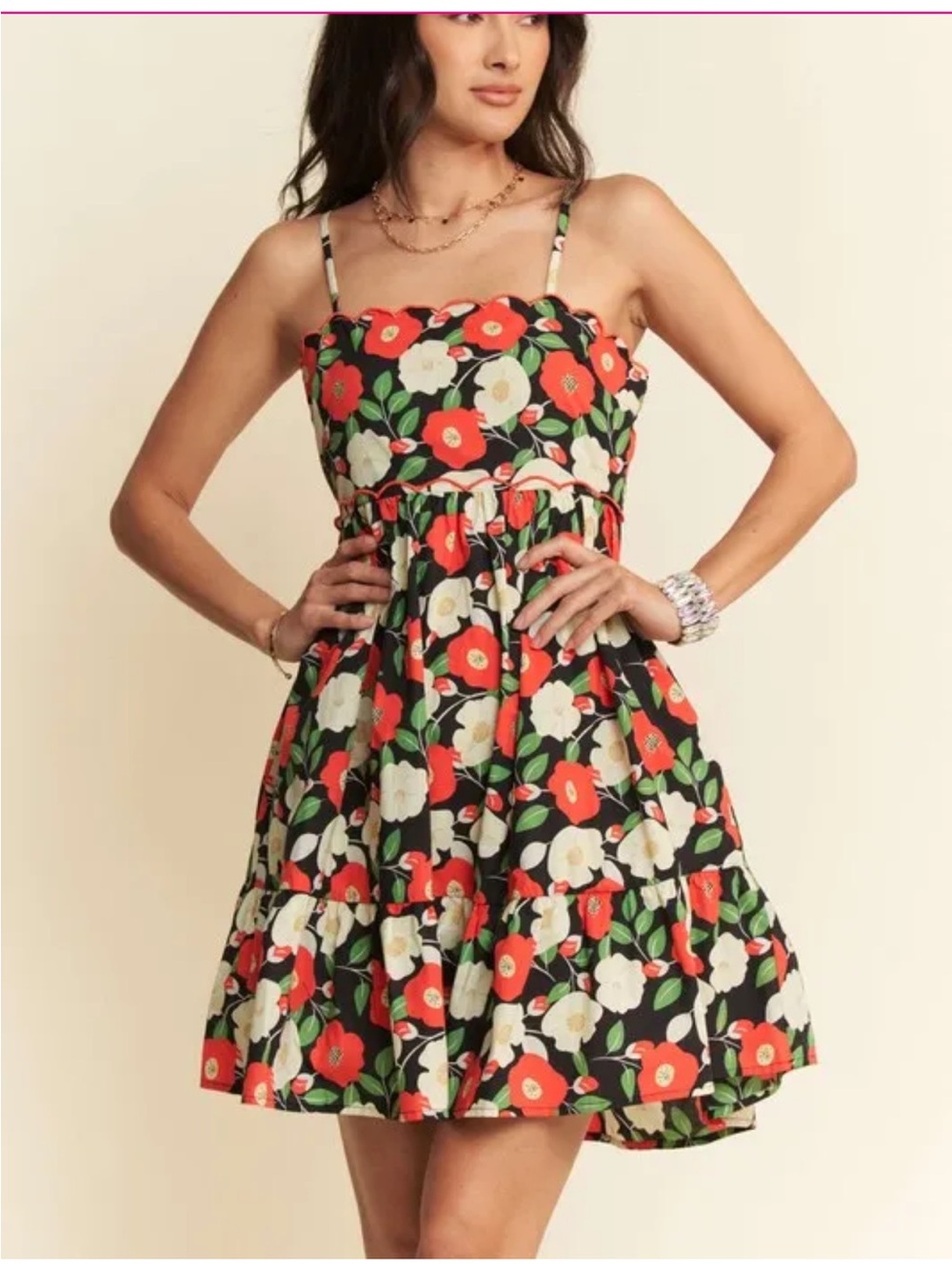 DAVI & DANI Floral Scalloped Cut Out Dress In Red and Black Poppy Print
